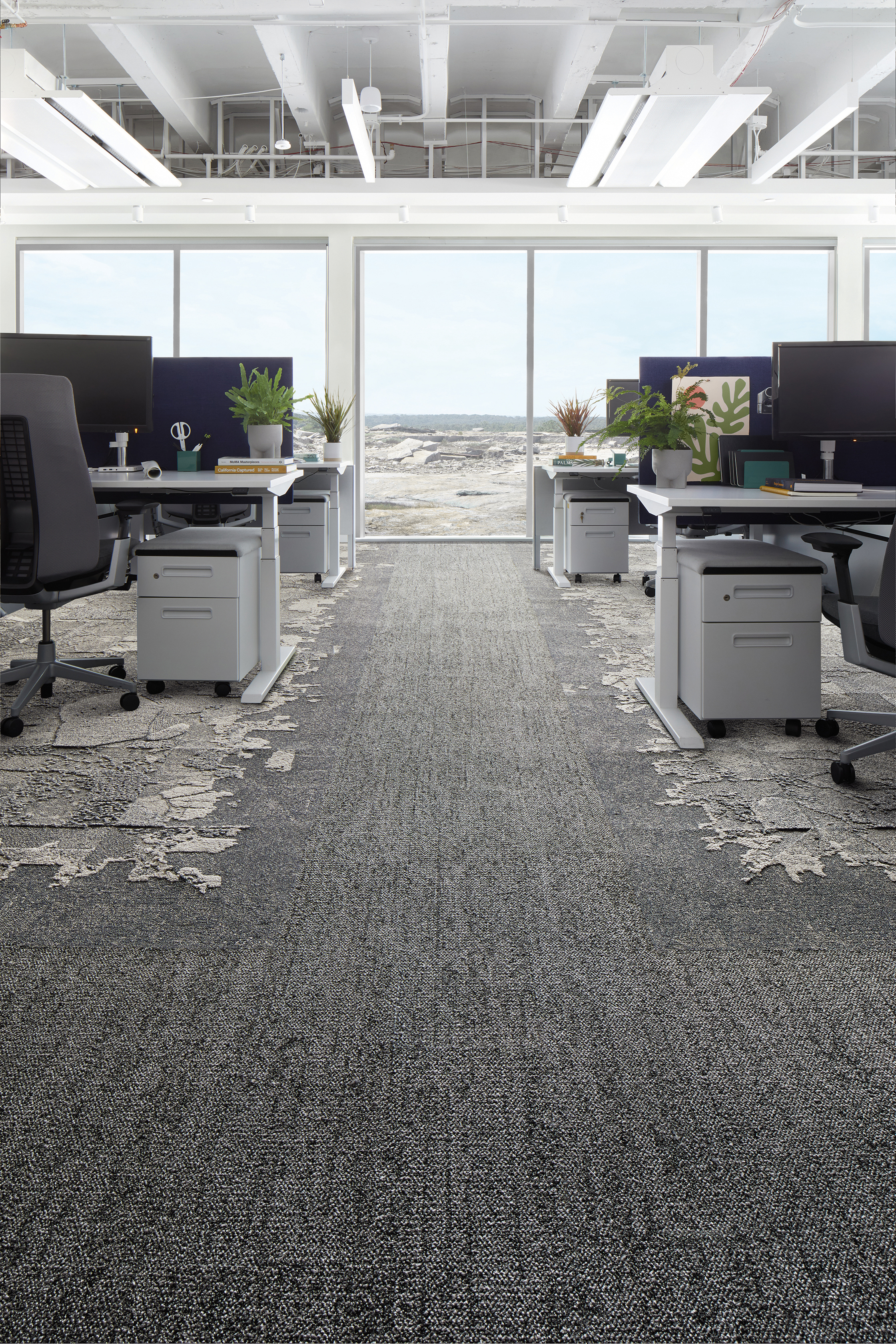 Interface Mantle Rock plank carpet tile and Bridge Creek and Mountain Rock carpet tile in open office area